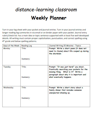 Distance Learning Classroom Weekly Planner