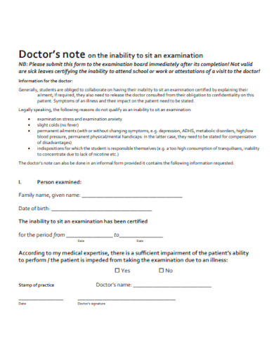 Doctor Note Inability to sit an Examination