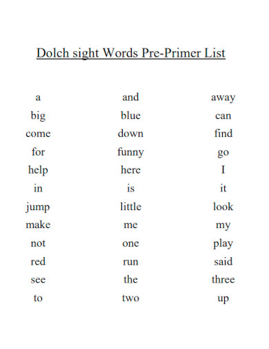 Dolch sight Words Pre Primer List