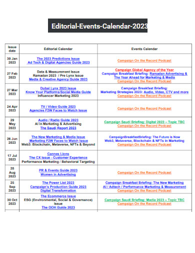 Editorial Event Social Media Content Calendar