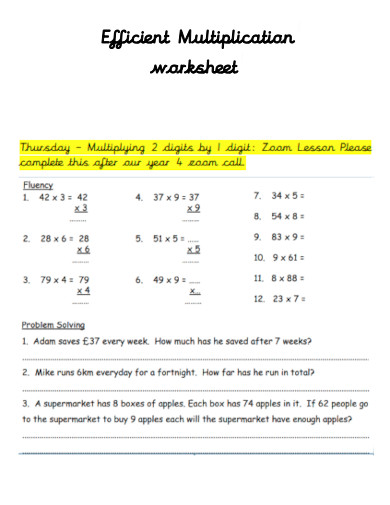 Efficient Multiplication Worksheet