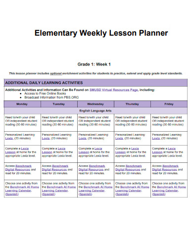 Elementary Weekly Lesson Planner