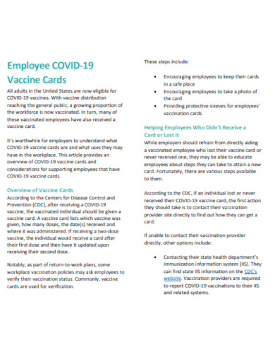 Employee COVID 19 Vaccine Cards