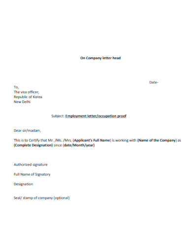 Employment Verification Letter for Occupation Proof