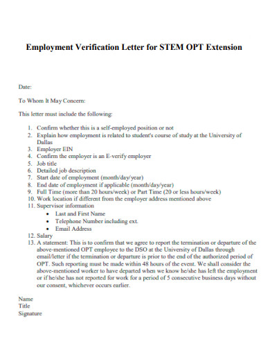 Employment Verification Letter for STEM OPT Extension