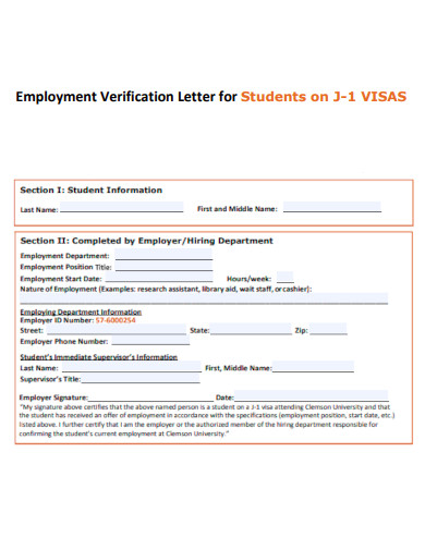 Employment Verification Letter for Students on J 1 VISAS