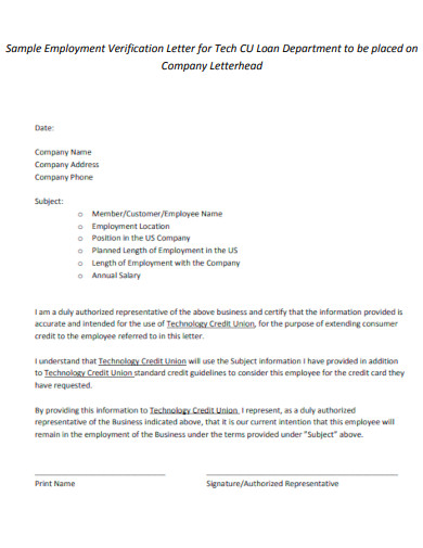 Employment Verification Letter for Tech CU Loan Department