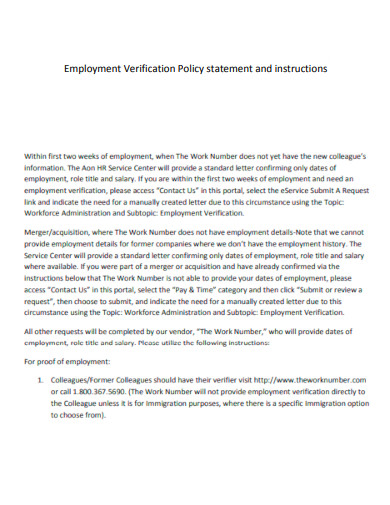 Employment Verification Lettter Policy Statement and Instruction