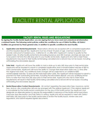 Facility Rules and Regulation Rental Application