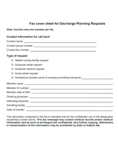 Fax cover sheet for Discharge Planning Request