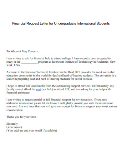 Financial Request Letter for Undergraduate International Students