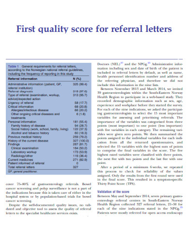 First quality Score for Referral Letters