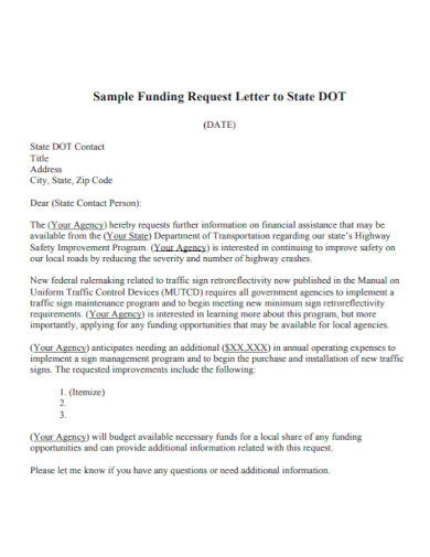Funding Request Letter to State DOT