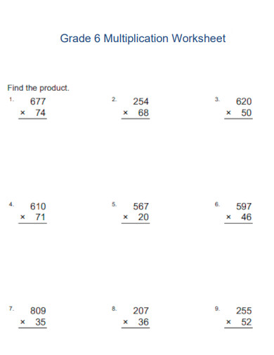 Grade 6 Multiplication Worksheet