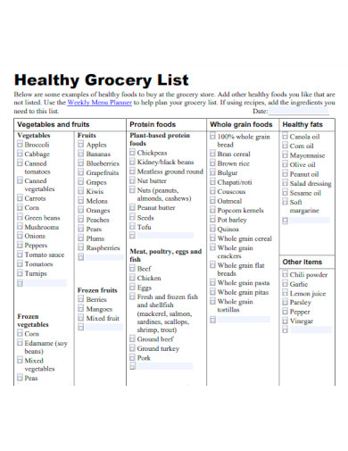 Healthy Food Grocery List