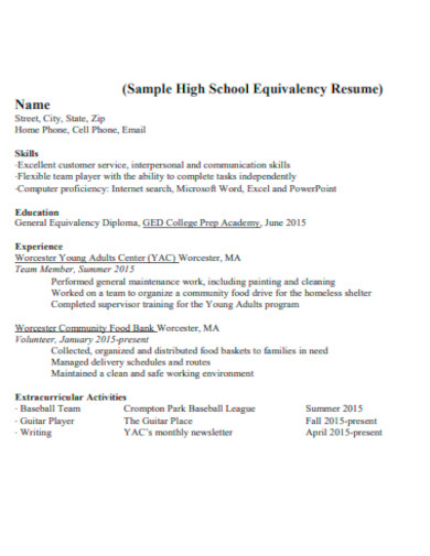 High School Equivalency Resume