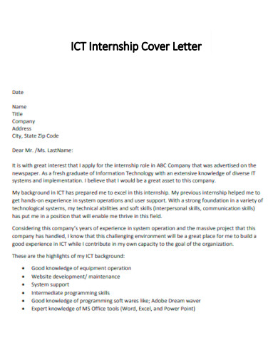 ICT Internship Cover Letter