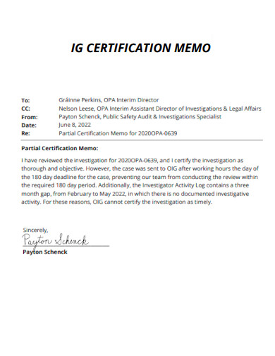 IG Certification Memo