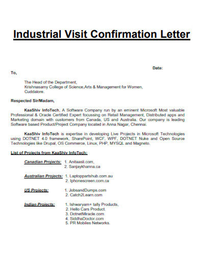 Industrial Visit Confirmation Letter