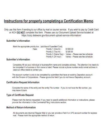 Instruction for Certification Memo