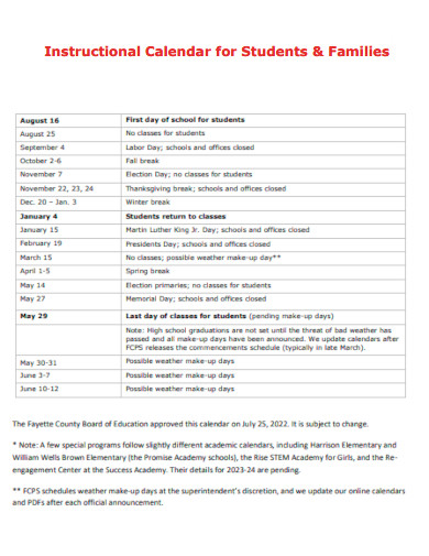Instructional Calendar for Students and Families