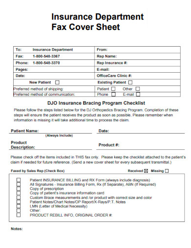 Insurance Department Fax Cover Sheet