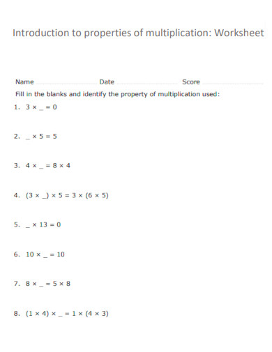 Introduction to Properties of Multiplication Worksheet