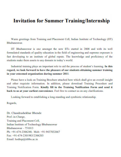 Invitation for Summer Training Internship