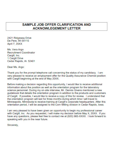 Job Offer Clarification Acknowledgement Letter