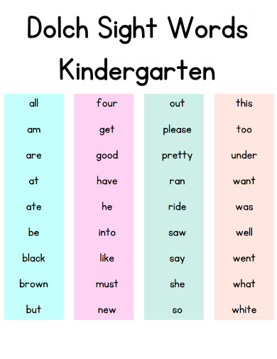 Kindergarten Dolch Sight Words