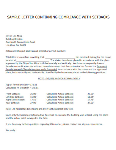 Letter Confirming Compliance with Setbacks