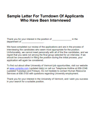Letter For Turndown Of Applicant