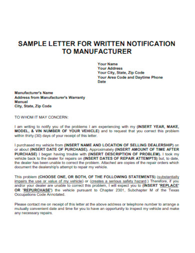 Letter For Written Notification to Manufacturer