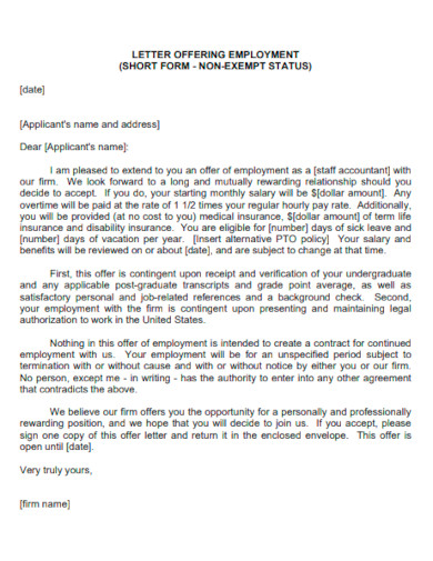 Letter Offering Employment Short Form
