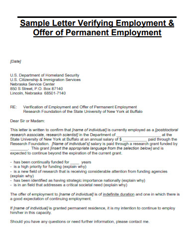 Letter Verifying Employment and Offer of Permanent Employment