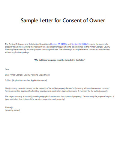 Letter for Consent of Owner