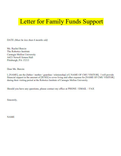 Letter for Family Funds Support
