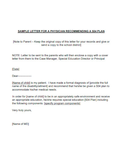 Letter for Physician Recommending 504 Plan
