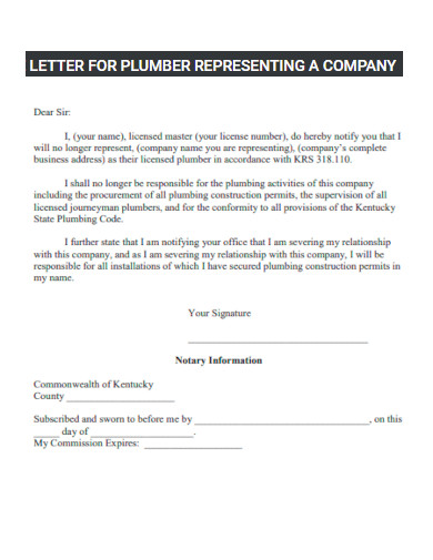 Letter for Plumber Representing Company