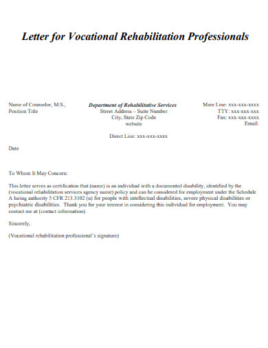 Letter for Vocational Rehabilitation Professional