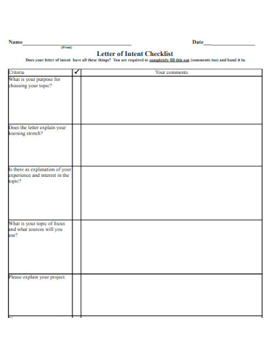 Letter of Intent Checklist