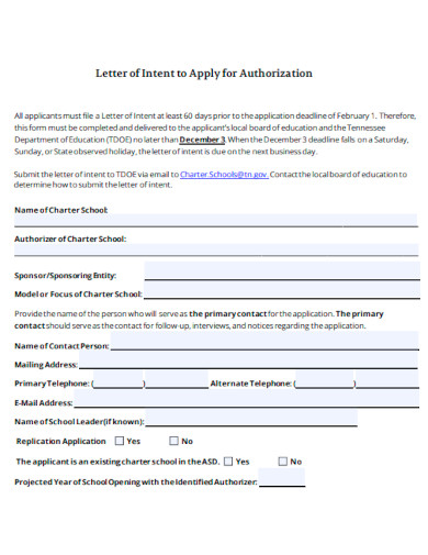 Letter of Intent to Apply for Authorization