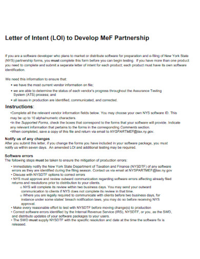 Letter of Intent to Develop Partnership