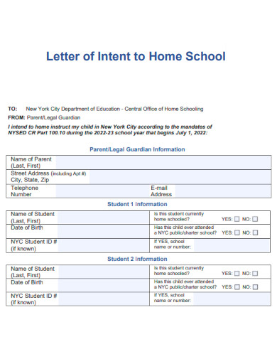 Letter of Intent to Home School
