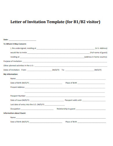 Letter of Invitation Template for B1 and B2 visitor