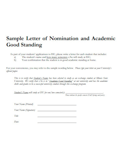 Letter of Nomination and Academic Good Standing