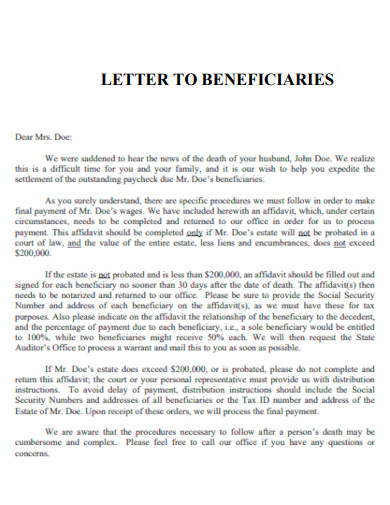 Letter to Beneficiaries
