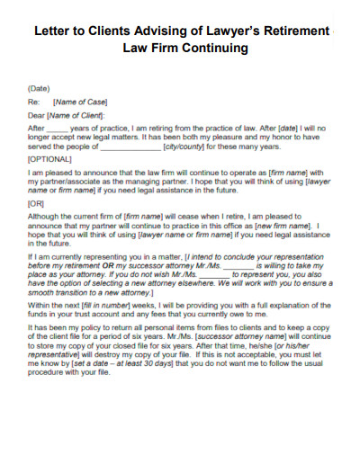 Letter to Clients Advising of Lawyer Retirement