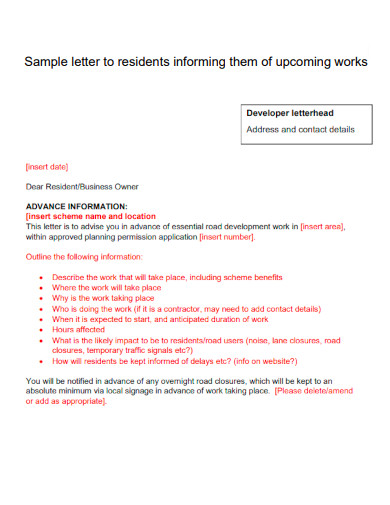 Letter to Residents Informing Them Of Upcoming Works