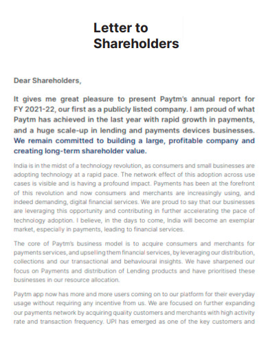 Letter to Shareholder